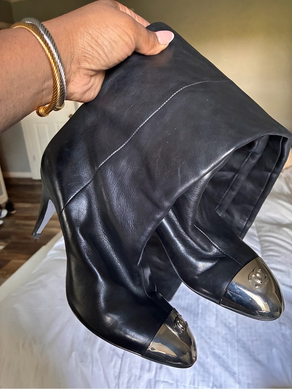 AUTHENTIC Black Leather CHANEL Knee-High Boots with Silver Cap Toe